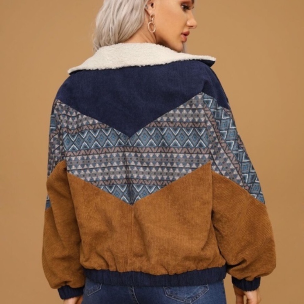 Camel Corduroy shearling line tribal Button Jacket - Picture 4 of 8